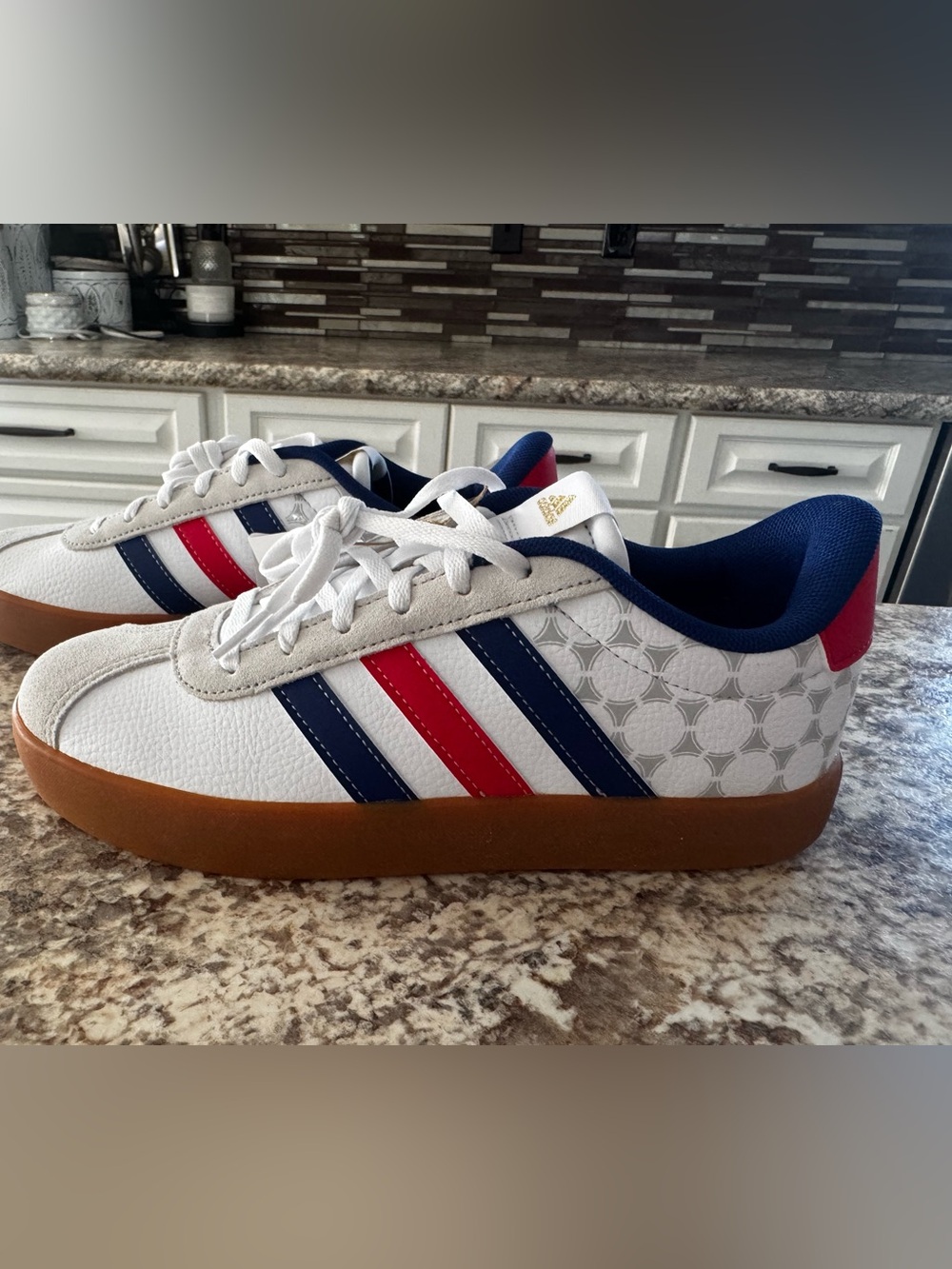 adidas Women’s White Sneakers with Navy & Red Stripes